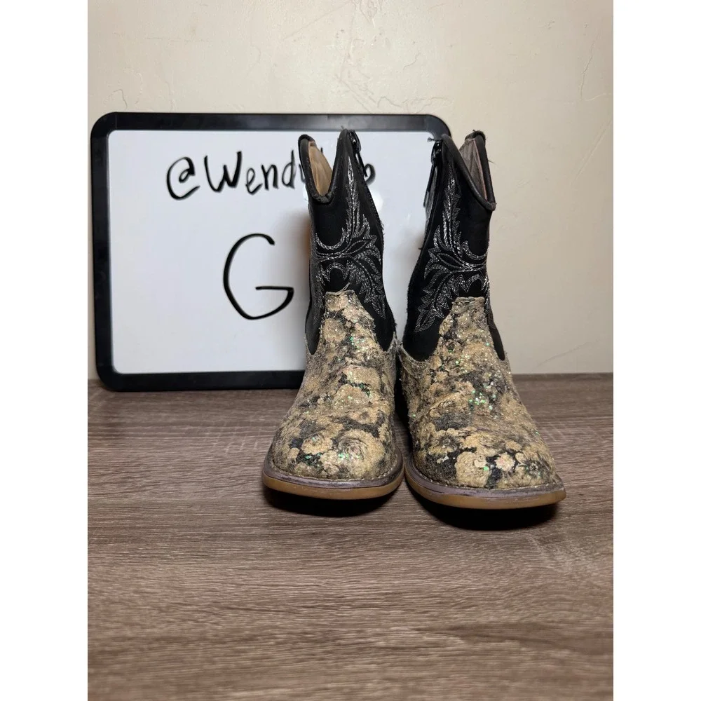Roper Boots Western Glitter Floral Black Gold Toddler Size 7